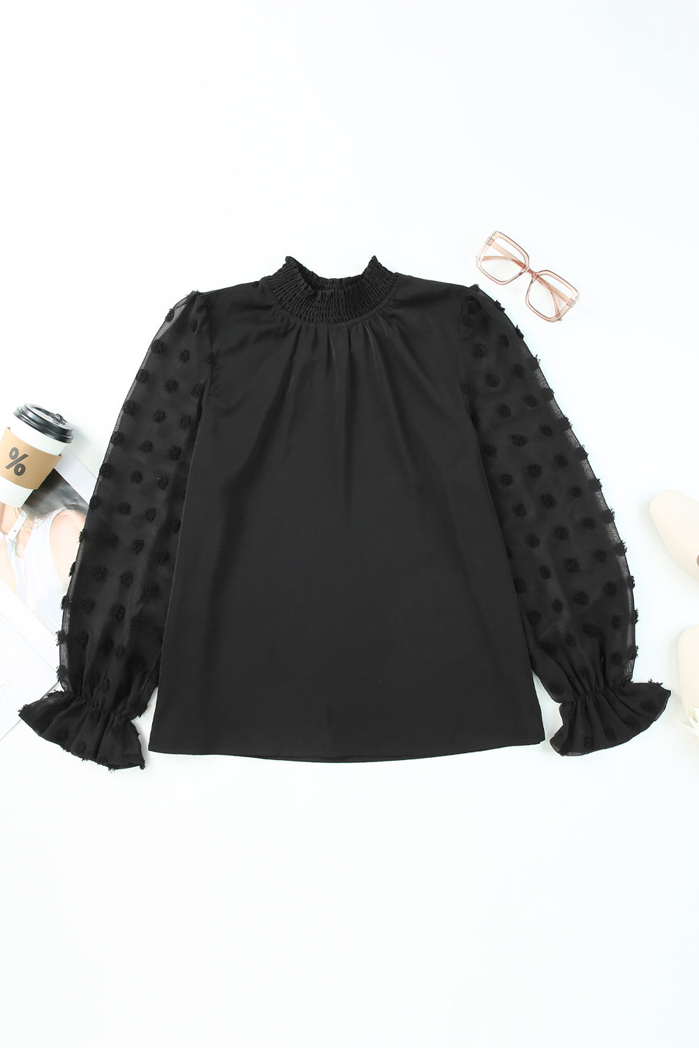 Swiss Dot Sheer Puff Sleeve Smocked High Neck Blouse