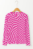 Rose Checkered Pattern Mesh Mock Neck Long Sleeve Top