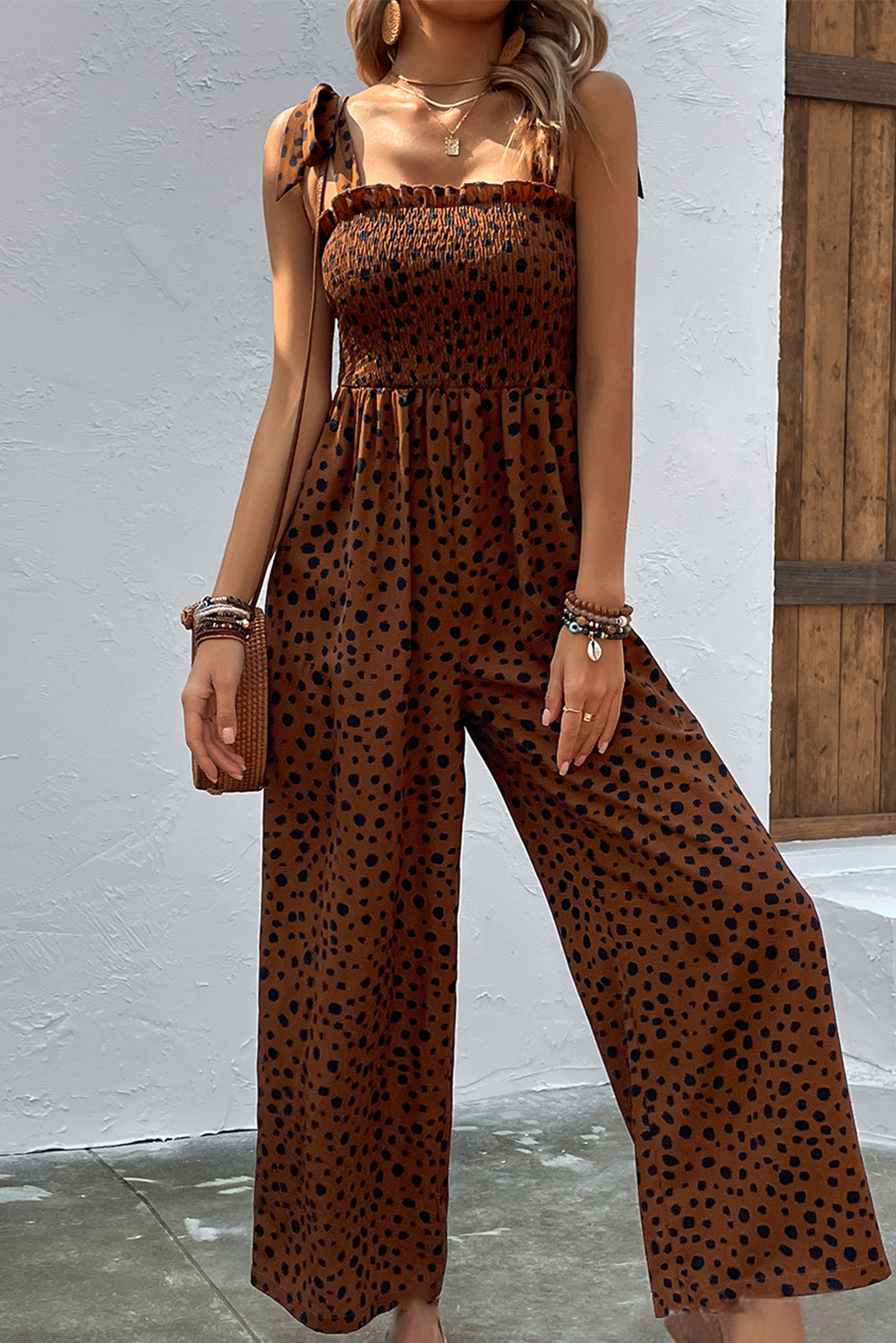 Cheetah Print Smocked Wide Leg Jumpsuit