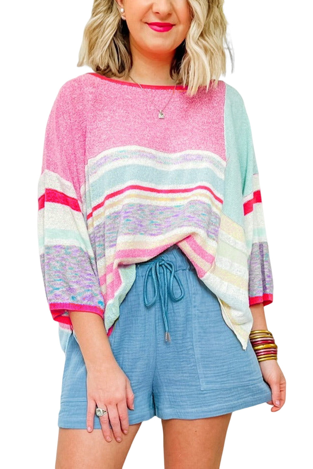 Color Block Striped Three-Quarter Sleeve Knitted Top