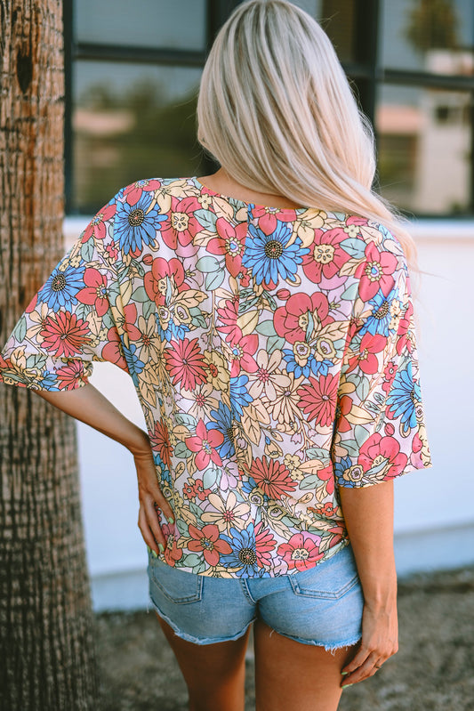 Floral Print V Neck Half Sleeve Blouse