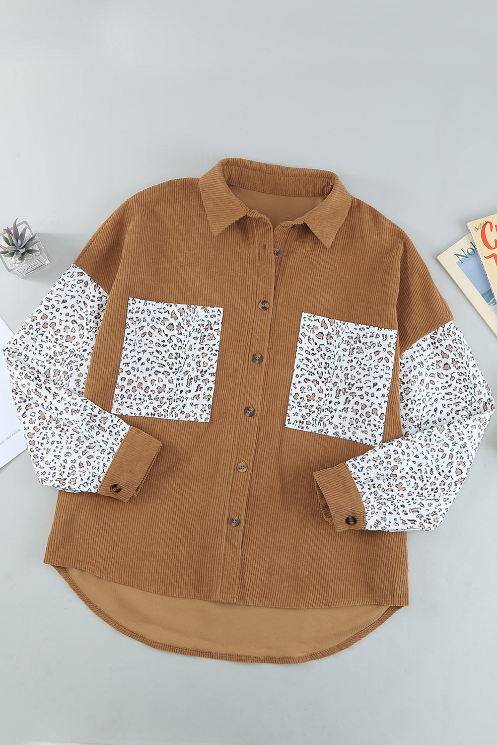 Leopard Patchwork Corduroy Buttoned Shirt Jacket