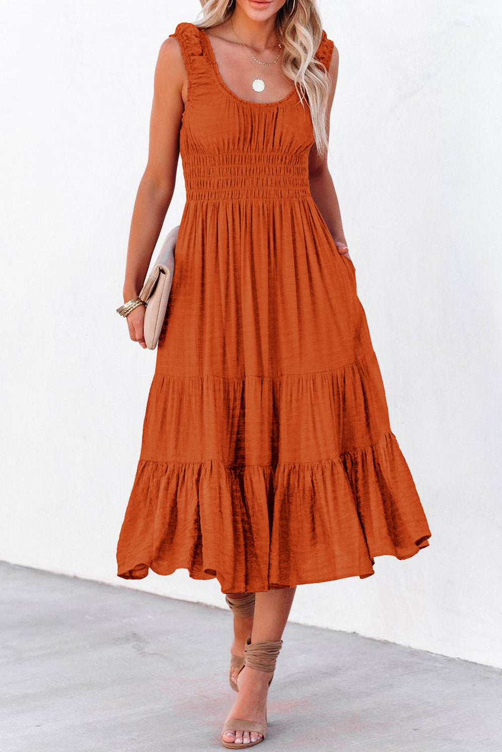 U-Neck Sleeveless Ruched Tiered Ruffled Midi Dress