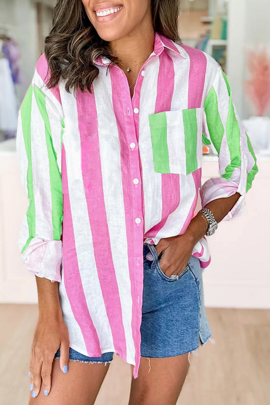 Rose Stripe Colorblock Chest Pocket Button up Shirt