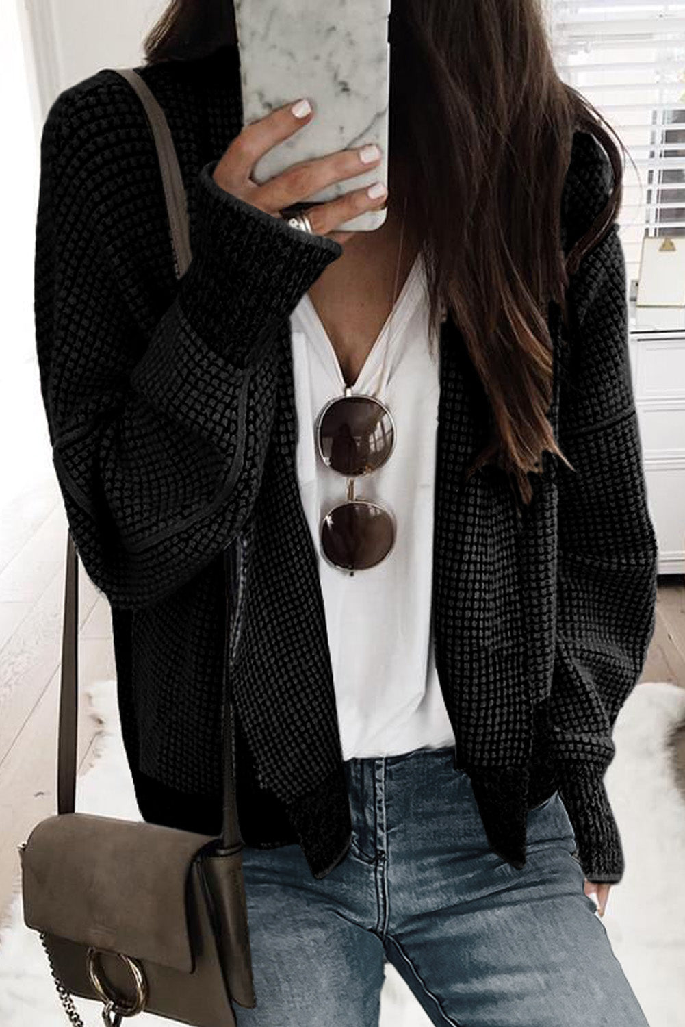 Gray Textured Knit Pocketed Duster Cardigan