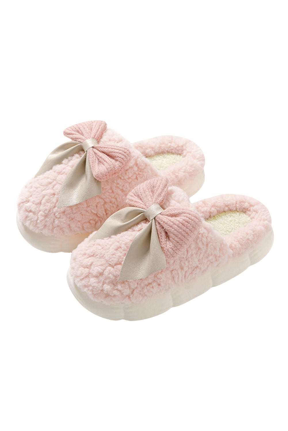 White Contrast Bowknot Applique Plush Winter Slippers (Bow Colors May Differ by Batch)