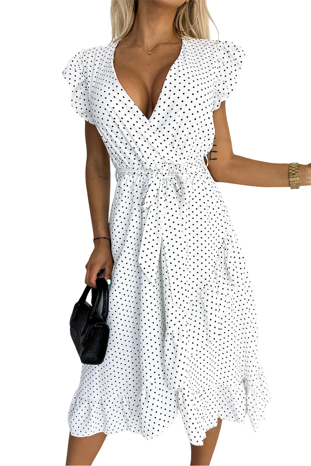 Polka Dot V Neck Wrap Tie Ruffled Sleeve Midi Dress