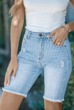 Frayed Hem Striped Bermuda Denim Shorts