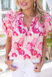 Split Neck Ruffled Puff Sleeves Floral Top