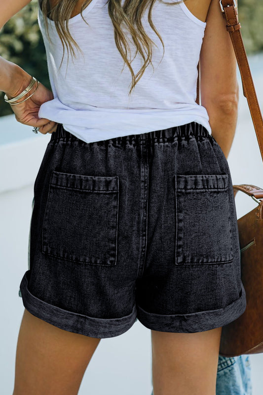 Short en denim taille haute avec cordon de serrage et poches gris