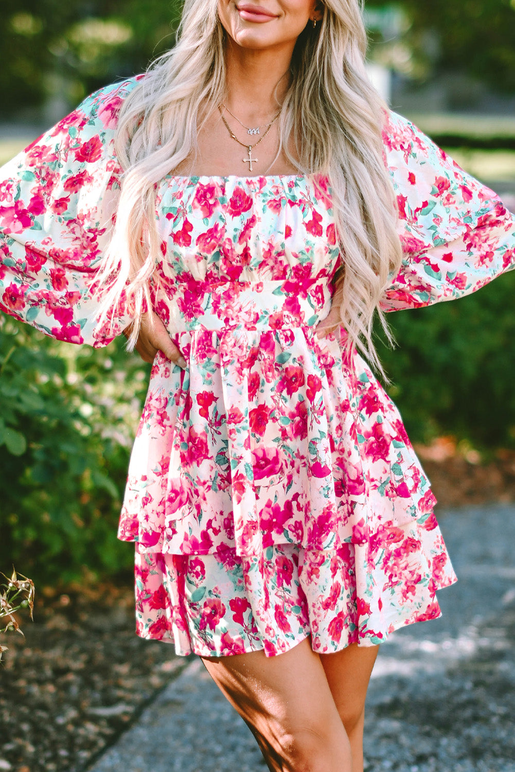 Ruffle Tiered High Waist Puff Sleeve Floral Dress