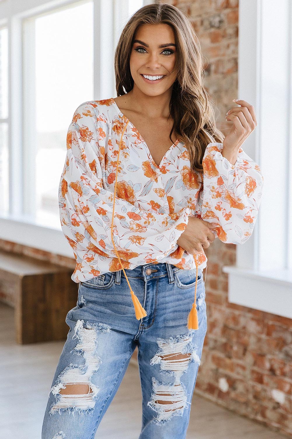 Tassel Tie V Neck Bubble Sleeve Floral Blouse