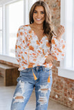 Tassel Tie V Neck Bubble Sleeve Floral Blouse