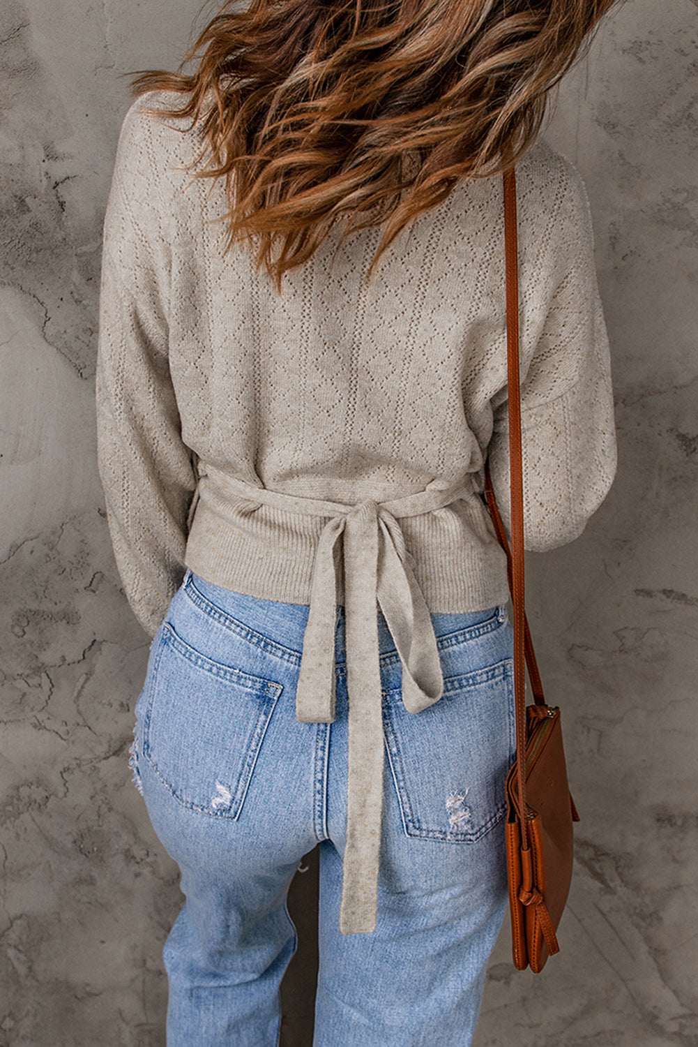 Wrap V Neck Back Tie Knit Sweater