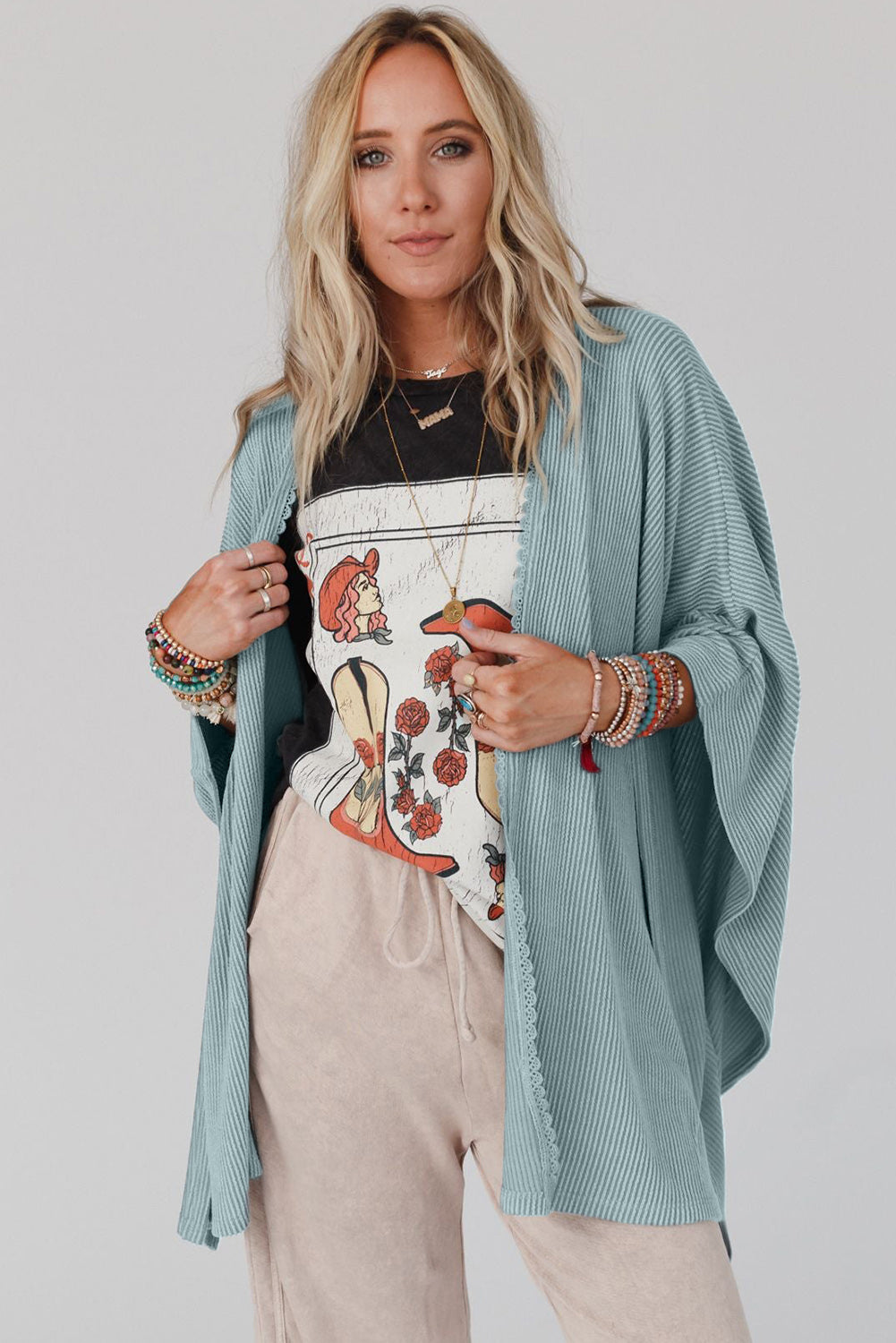 Lace Trim Ribbed Oversize Kimono