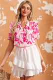 Split Neck Ruffled Puff Sleeves Floral Top