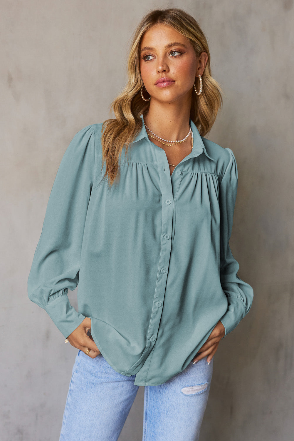 Solid Color Button Up Puff Sleeve Blouse