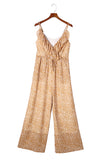 Leopard Print Drawstring Ruffled V Neck Jumpsuit