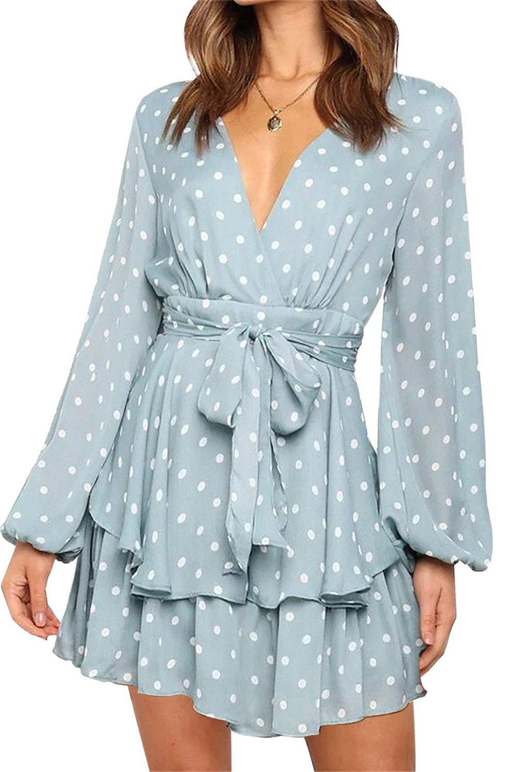 Robe courte bleu ciel, col en V, manches bouffantes, cravate à la taille, double couche, ourlet à volants, imprimé à pois