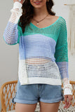 Color Block Eyelet Long Sleeve Twisted Back Knit Top