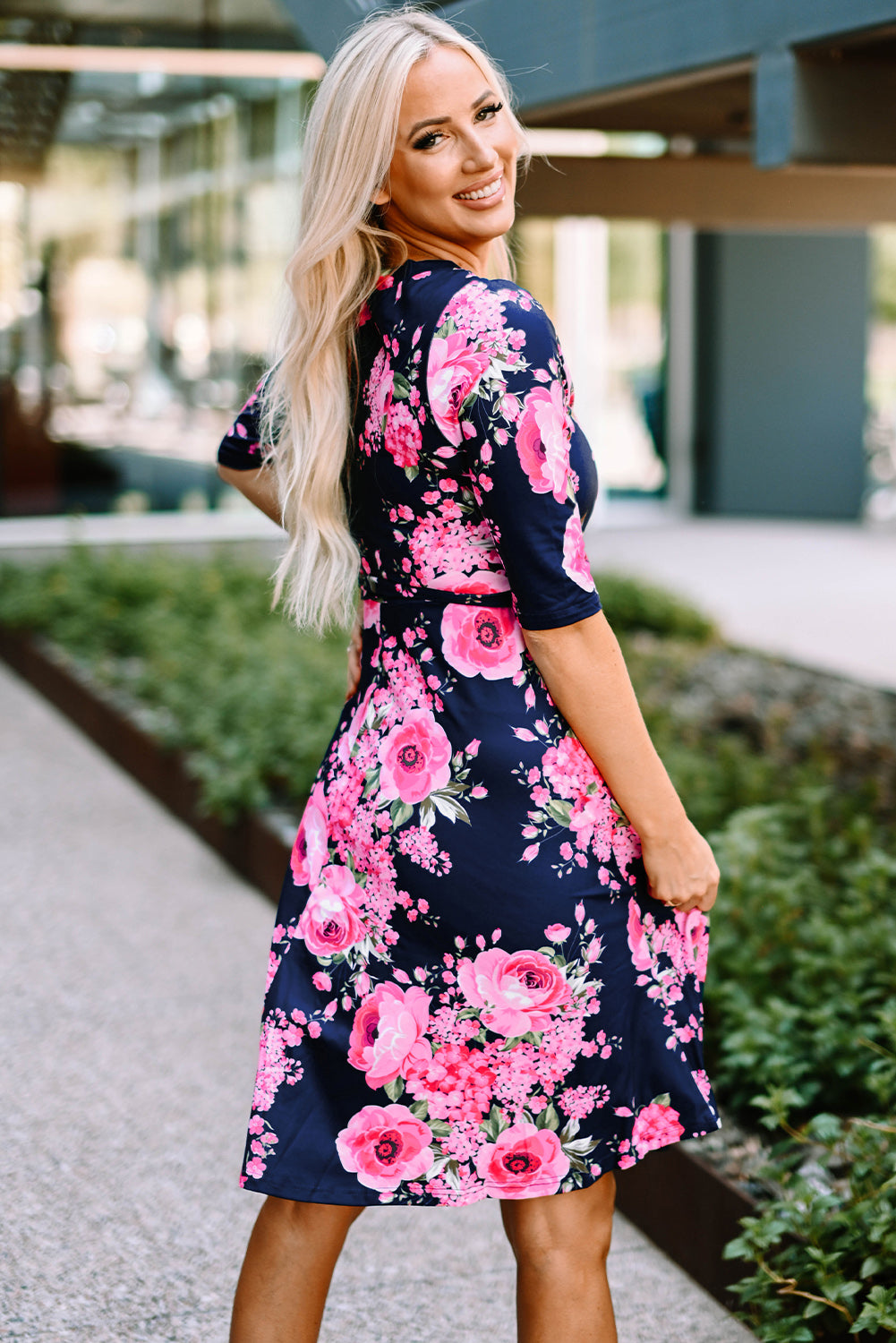 Wrap V Neck Floral Dress with Belt