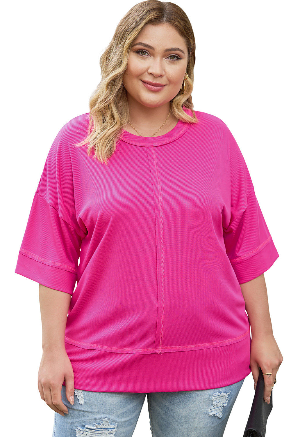 Plus Size Ribbed 3/4 Sleeves Flowy Top