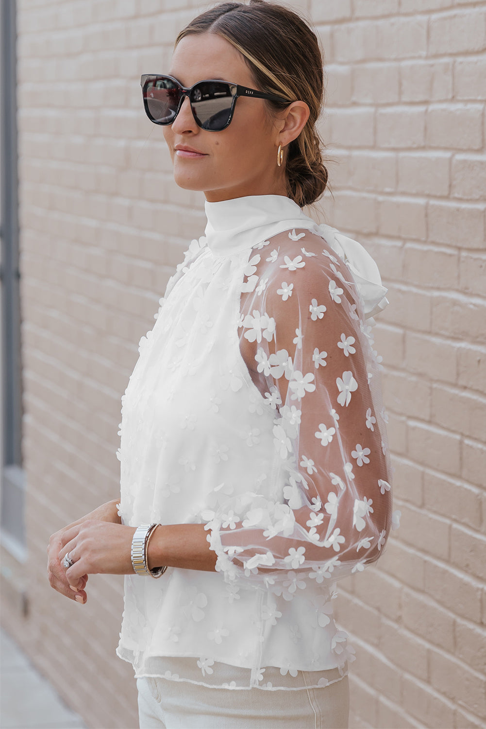 Mock Neck Floral Mesh Long Sleeve Top