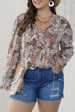 Red Printed Long Sleeve V-Neck Drawstring Shirt