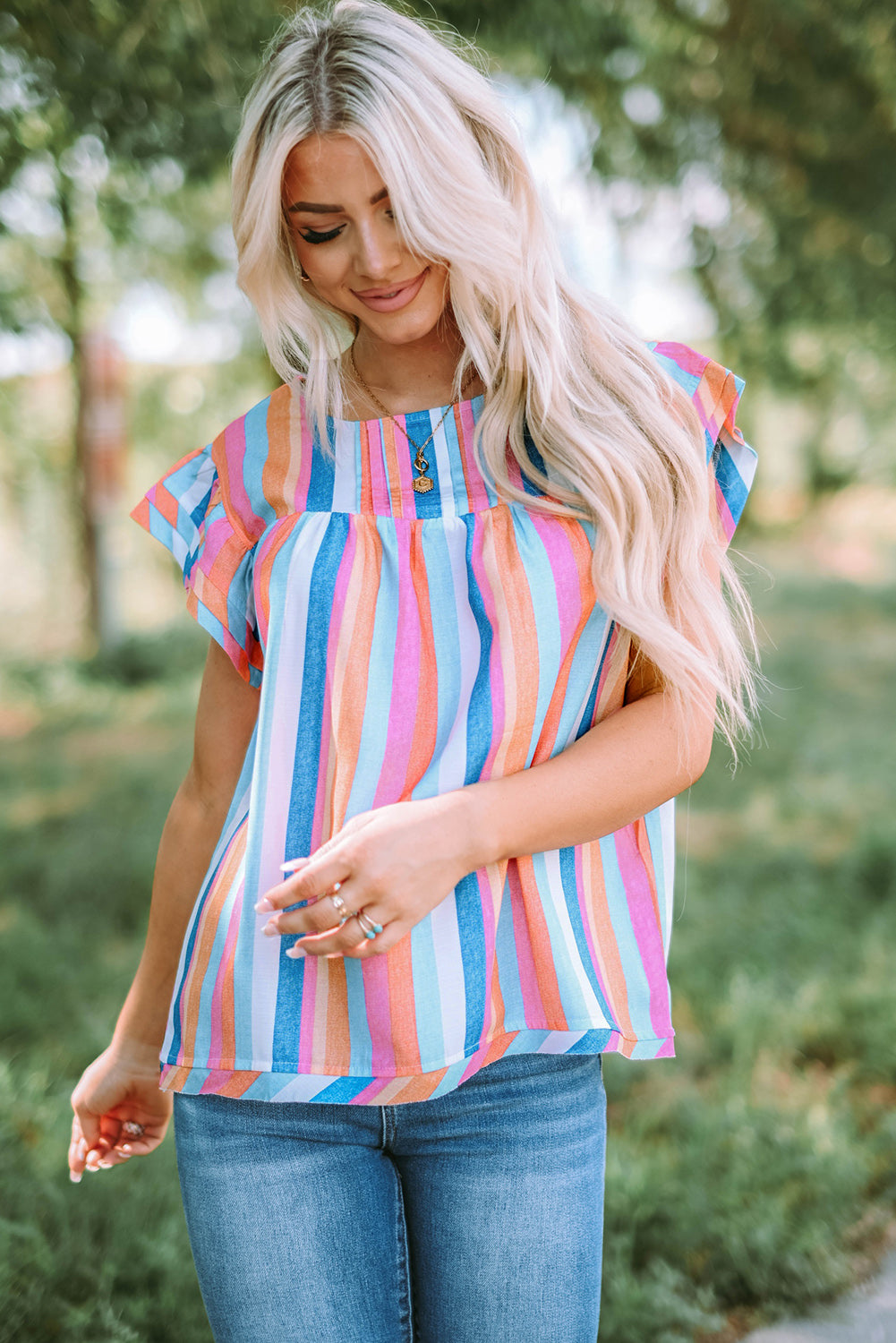 Striped Tiered Ruffle Cap Sleeve Top