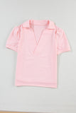 Pink Collared V Neck Puff Sleeve T-shirt