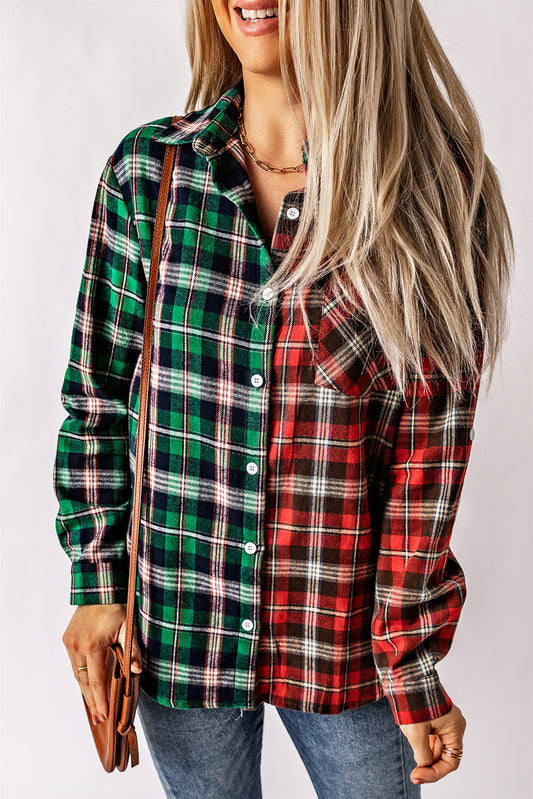 Plaid Color Block Buttoned Long Sleeve Shirt