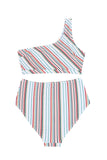 Multi Striped One Shoulder Bikini High Waist Swimsuit