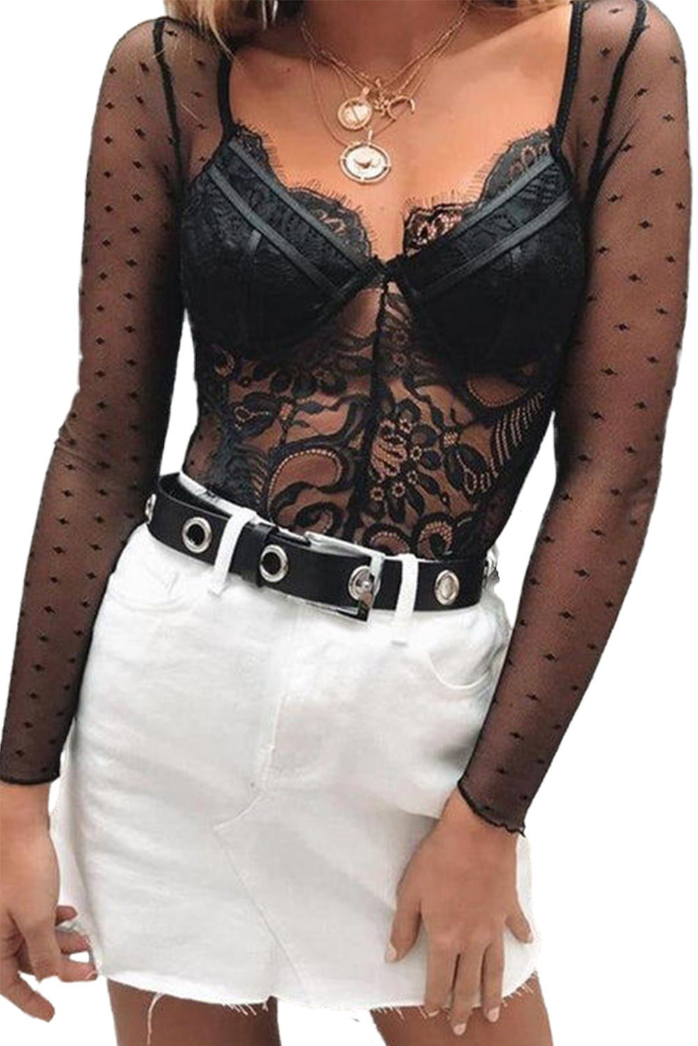 Long Sleeve Mesh Lace Bralette Bodysuit