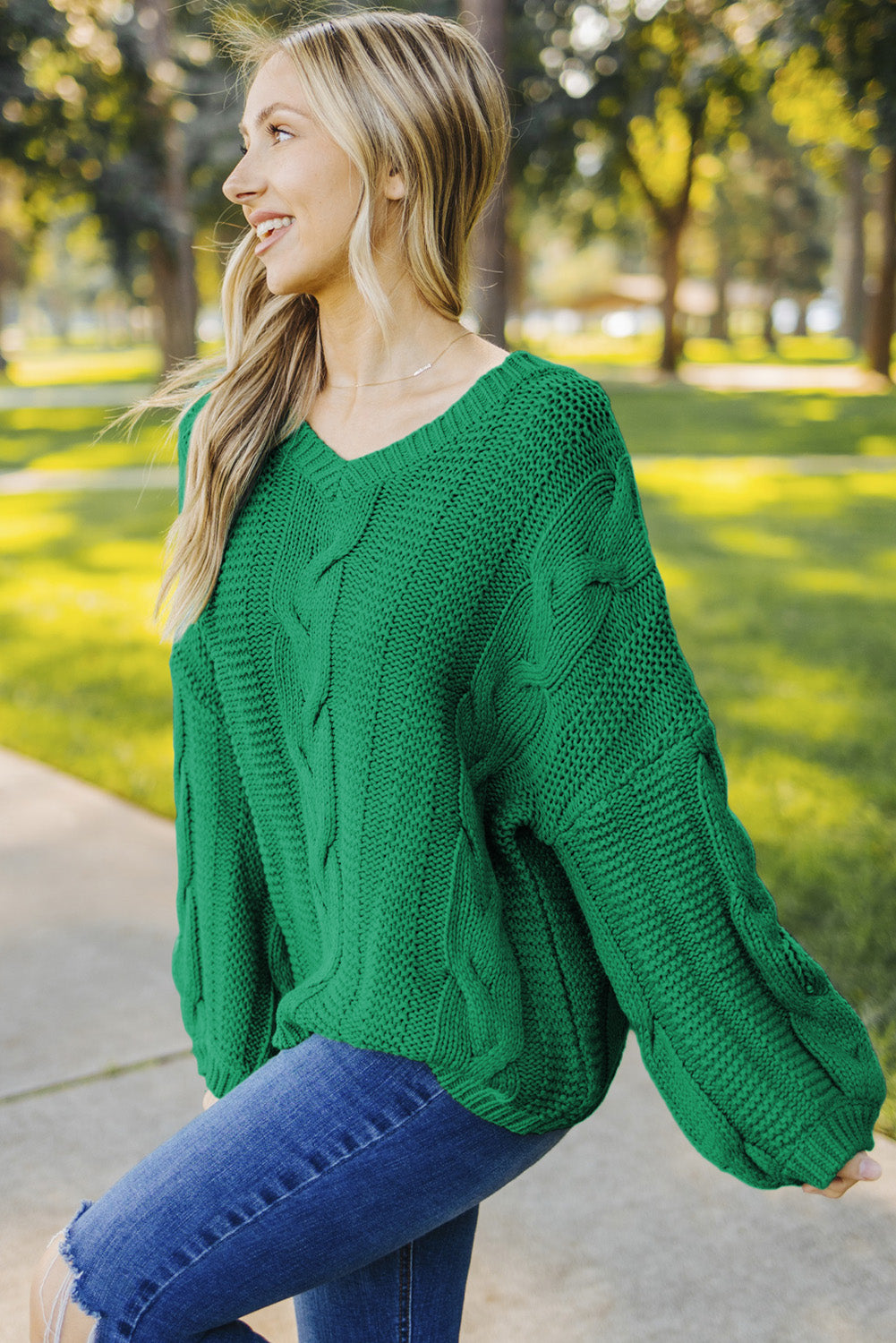 Pull vert en tricot tressé à col en V Bubblegum