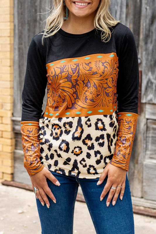 Leopard Tribal Print Splicing Long Sleeve Top