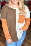 Orange Long Sleeve Colorblock Chest Pocket Textured Knit Top