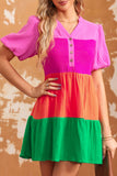 Crinkle Bubble Sleeve Color Block Blouse