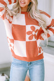 Green Checkered Floral Print Striped Sleeve Sweater