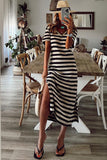 Stripe Print V Neck Maxi Dress with Side Splits