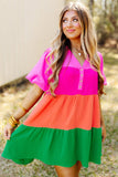 Multicolor Crinkle Bubble Sleeve Color Block Blouse