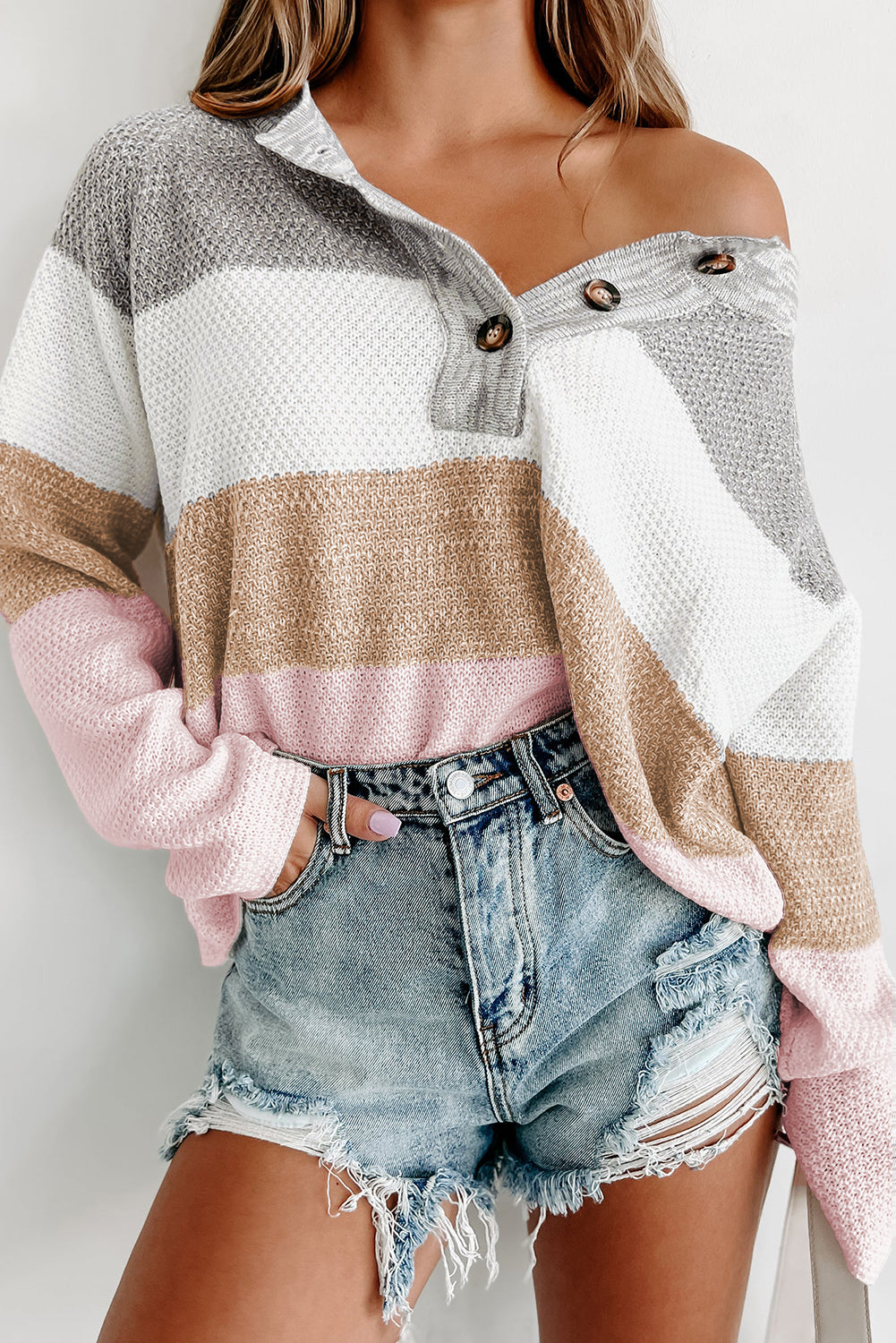 Loose Colorblock Knitted Henley Sweater