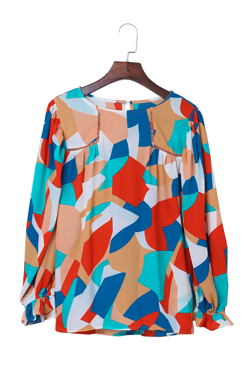 Abstract Pattern Crewneck Ruffled Puff Sleeve Blouse