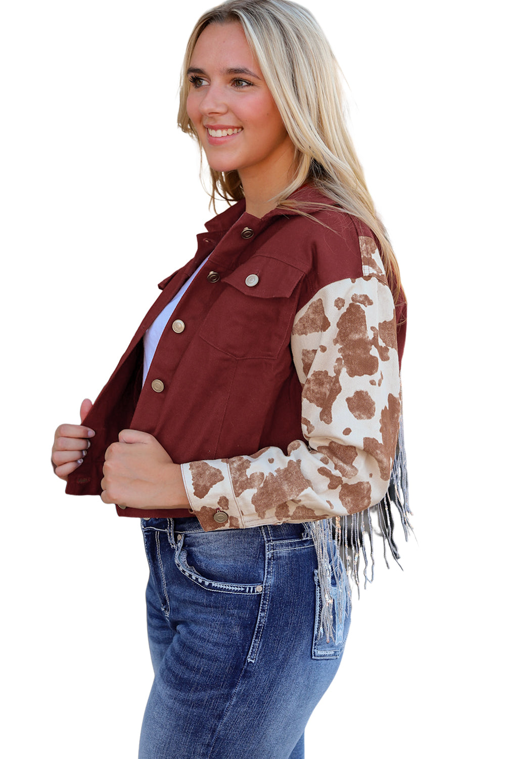 Abstract Print Sleeve Back Fringed Cropped Denim Jacket