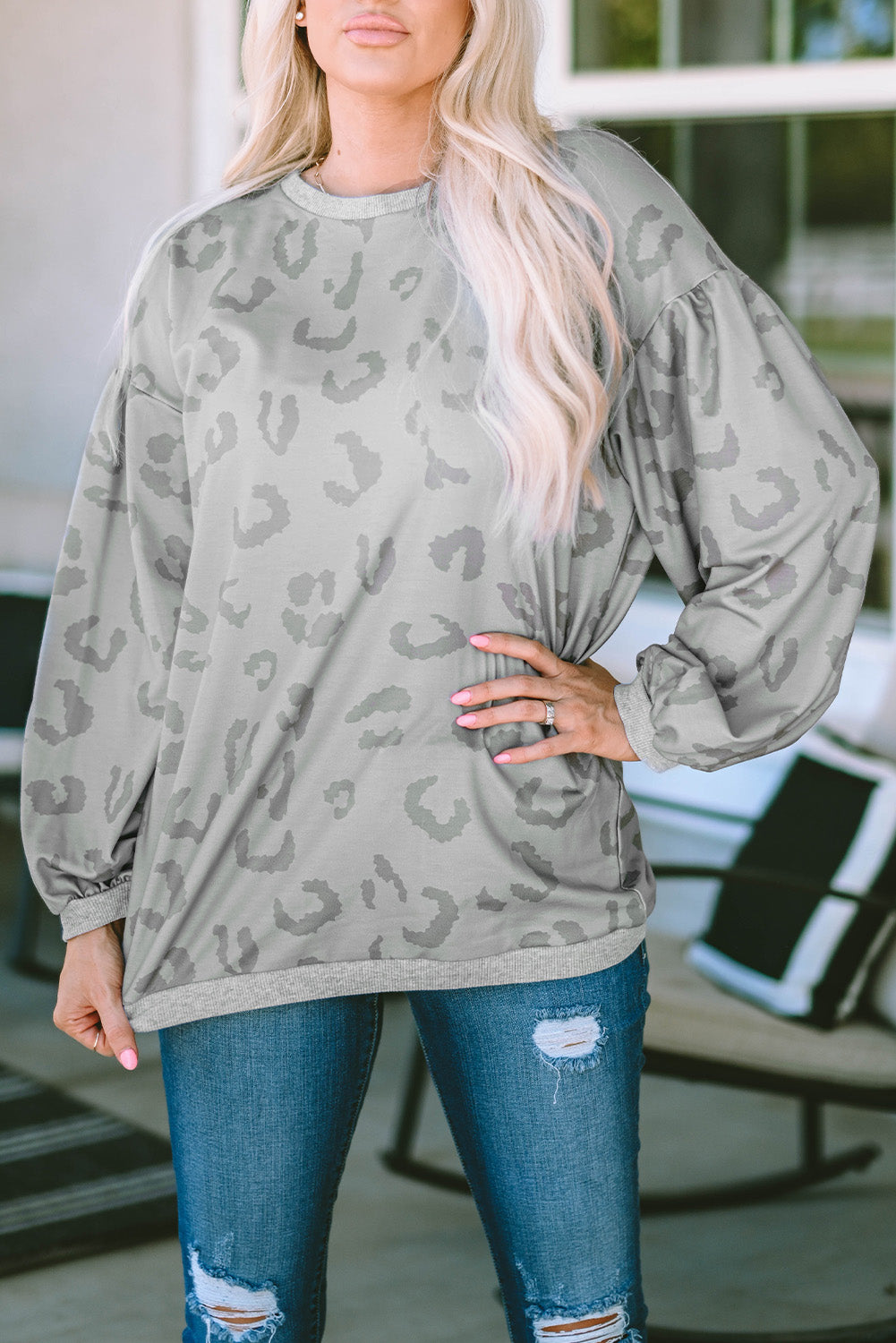 Animal Print Drop Shoulder Loose Sleeve Casual Top