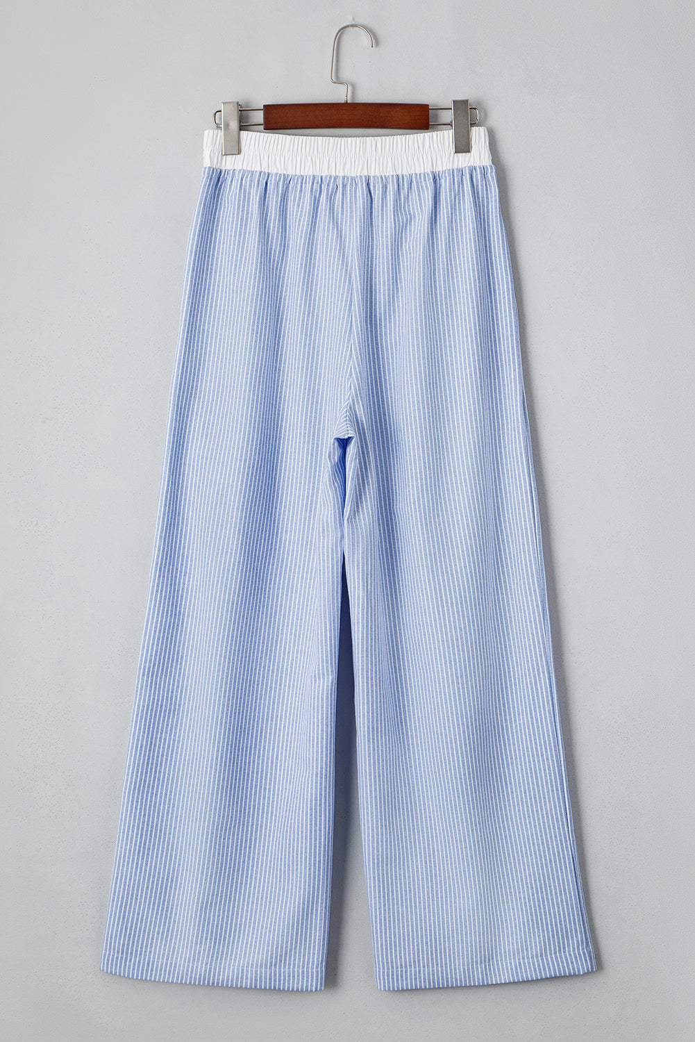 Sky Blue Stripe Wide Leg Buttoned Lace up Elastic High Waist Pants