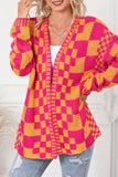 Open Front Mixed Checkered Pattern Knit Cardigan