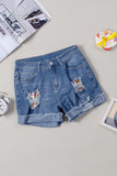 Floral Patchwork Rolled Hem Denim Shorts