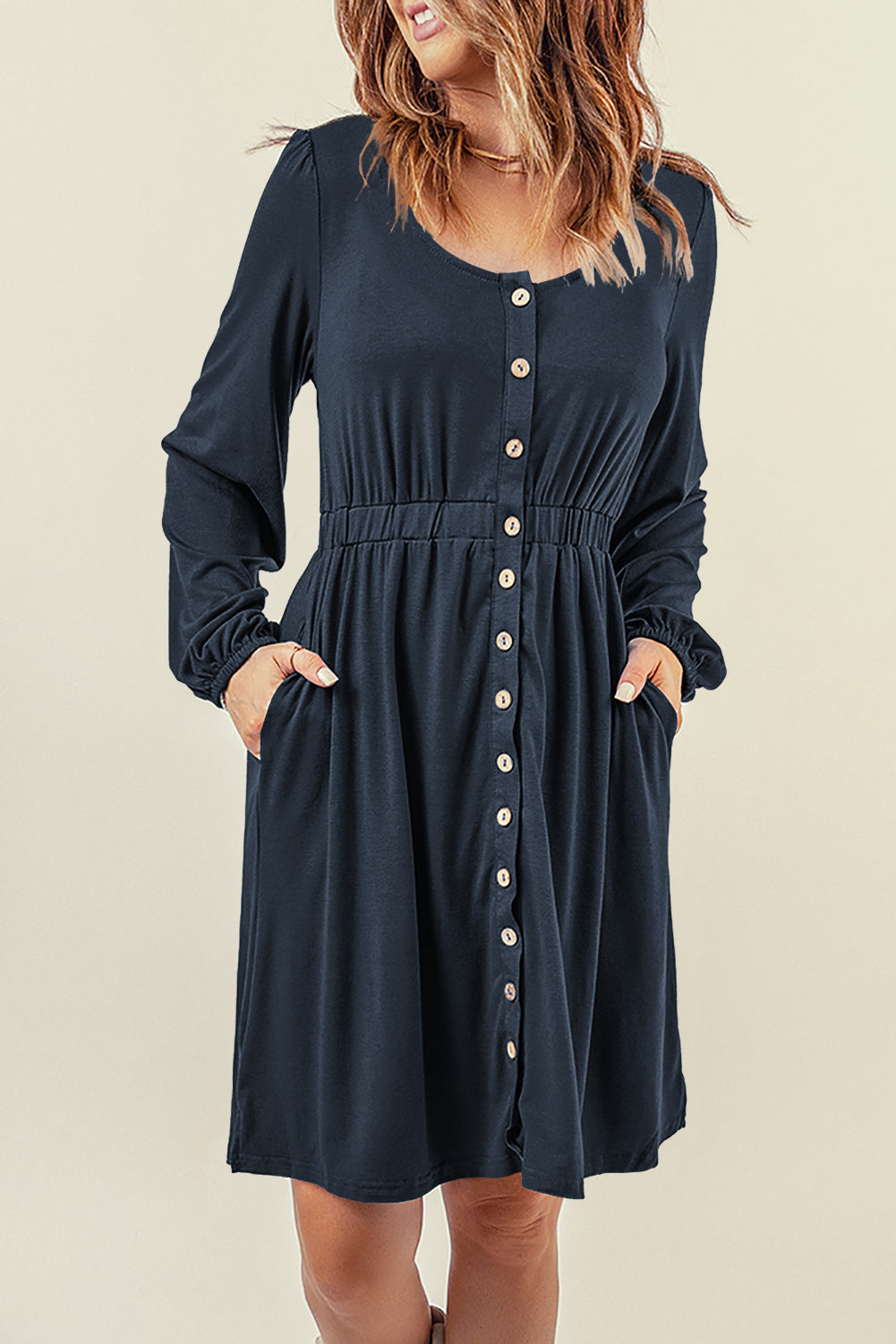 Button Up High Waist Long Sleeve Dress