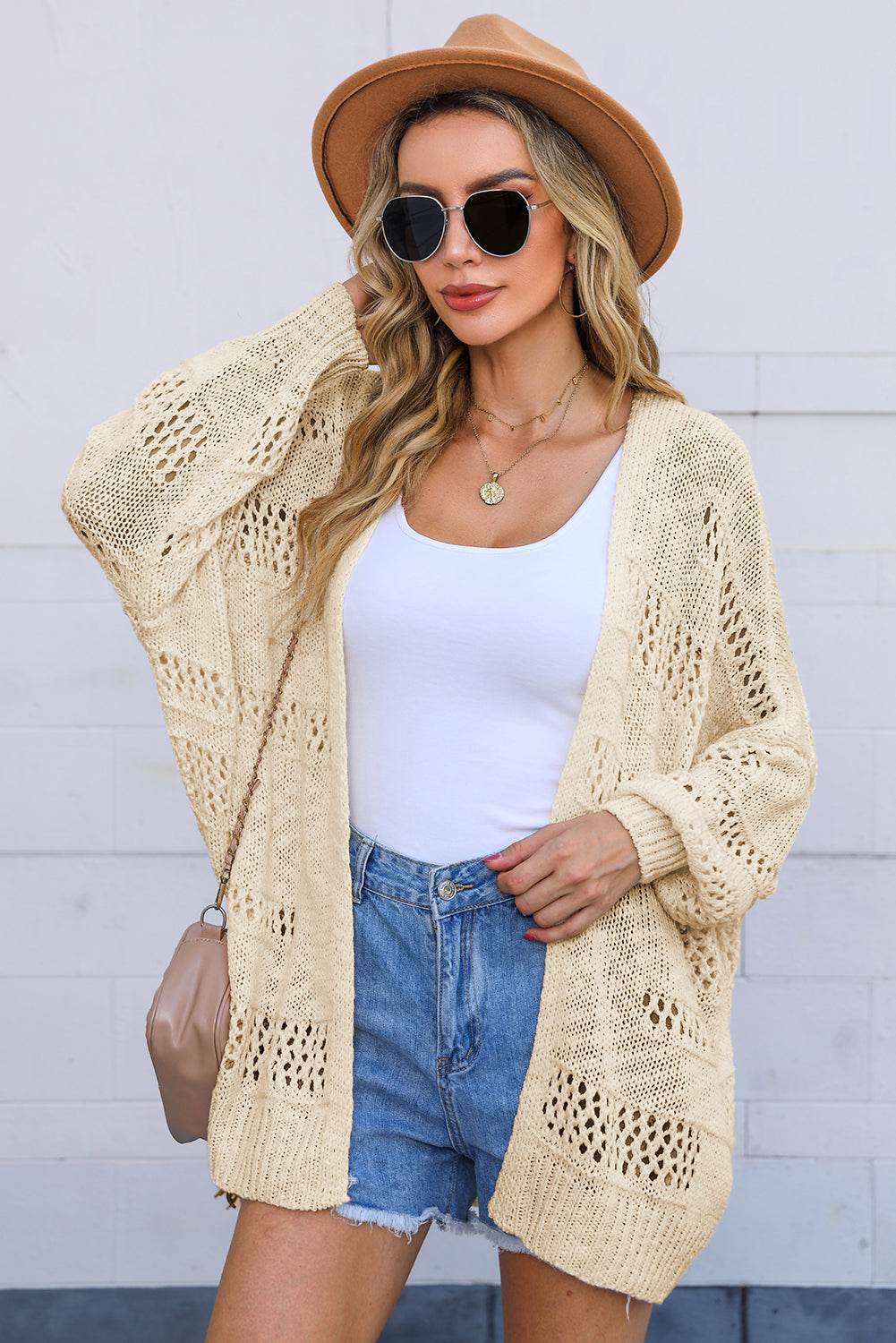 Pink Casual Hollowed Knit Dolman Sleeve Cardigan