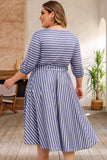 Striped Tie Waist 3/4 Sleeve Plus Size Dress